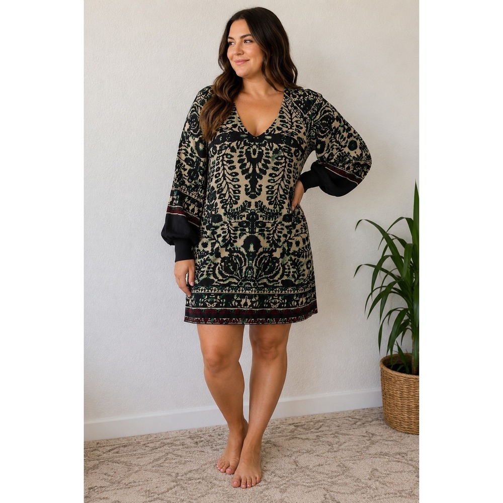 Free People Sweater Mini Dress Large Cozy Boho Cotton Blend Eclectic